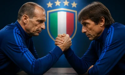 Allegri e Conte si sfidano a braccio di ferro per la panchina dell'Italia, immagine creata con intelligenza artificiale