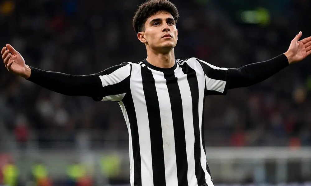 Bartesaghi del Milan con una maglia bianconera, immagine creata con intelligenza artificiale