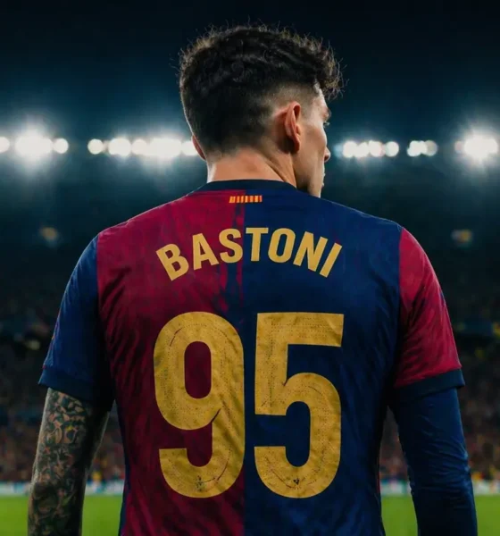 Bastoni di spalle con la maglia numero 95 del Barcellona, immagine creata con intelligenza artificiale