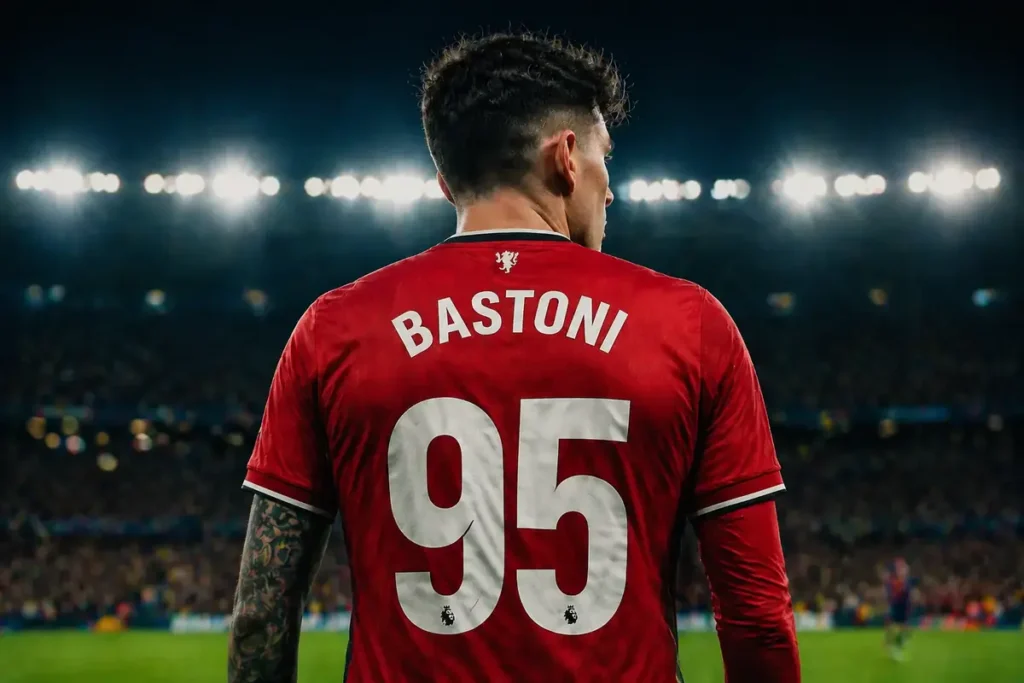 Bastoni di spalle con la maglia numero 95 del Manchester United, immagine creata con intelligenza artificiale