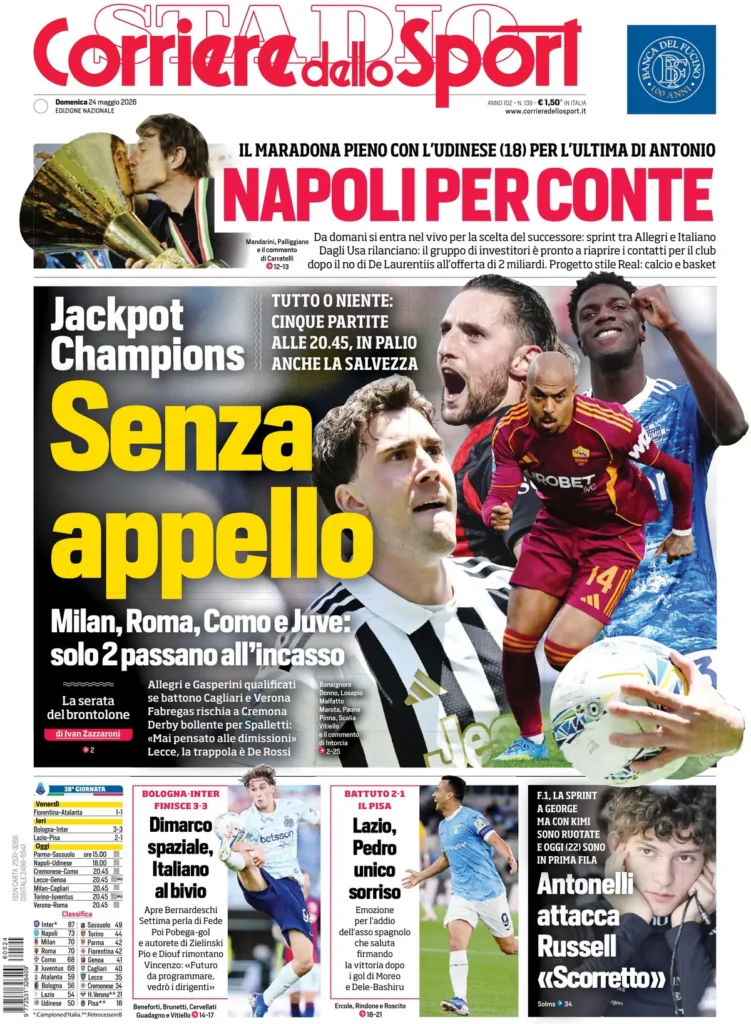 Le prime pagine dei quotidiani sportivi – 24 maggio 2026 33 Corriere dello sport 020302t20ha2k