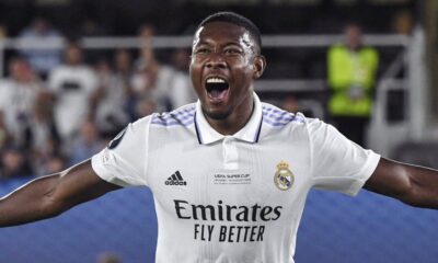 Alaba esulta dopo un gol con la maglia del Real Madrid