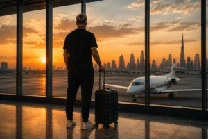 Una persona di spalle mentre osserva il tramonto in aeroporto