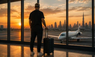 Una persona di spalle mentre osserva il tramonto in aeroporto