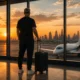 Una persona di spalle mentre osserva il tramonto in aeroporto