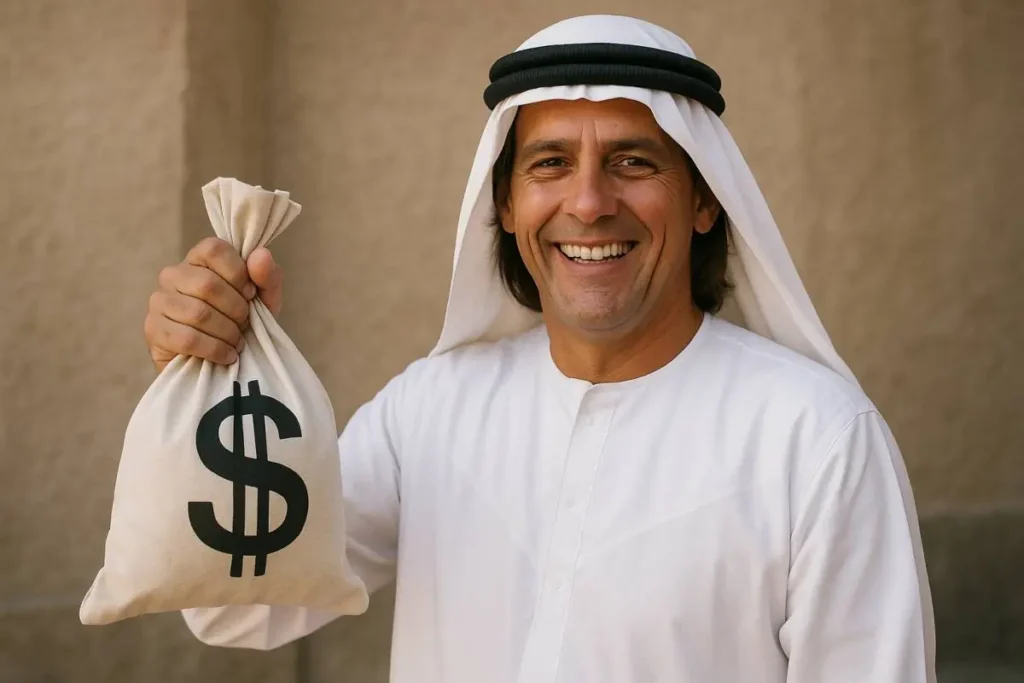 Simone Inzaghi in vestiti arabi e con un sacco pieno di dollari in mano