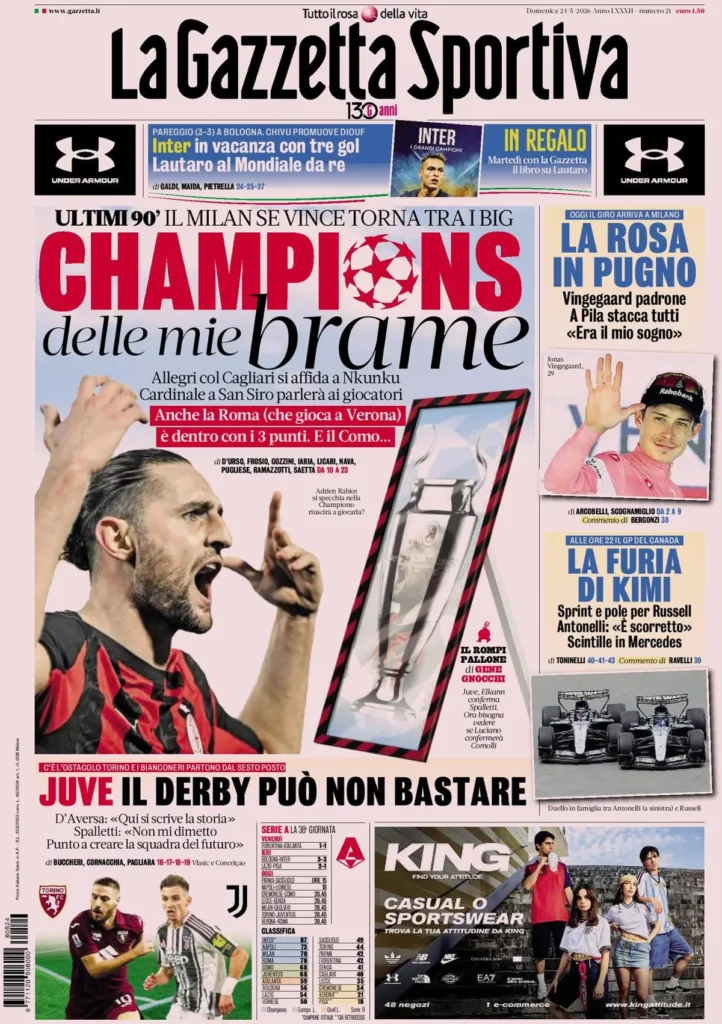 Le prime pagine dei quotidiani sportivi – 24 maggio 2026 34 La gazzetta dello sport 0322522xc6jd2