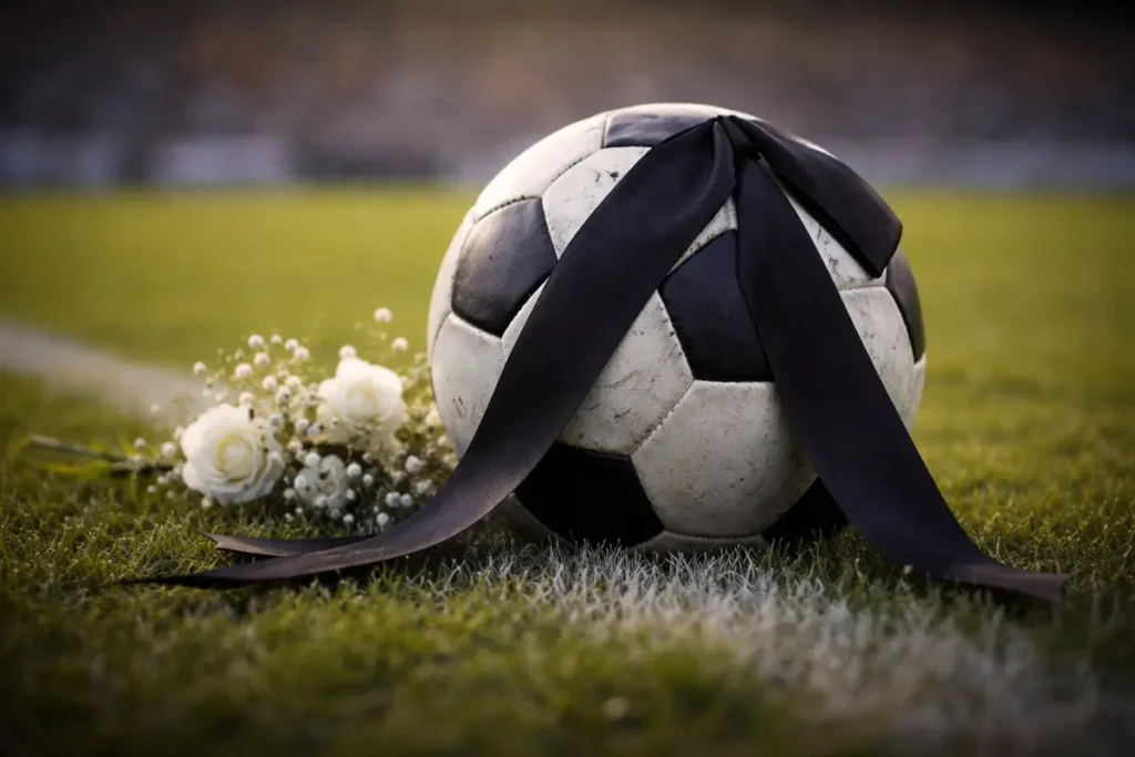 Pallone da calcio listato a lutto con un mazzo di fiori sul campo