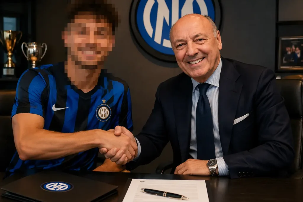 Marotta stringe la mano ad un giocatore con la divisa dell'Inter