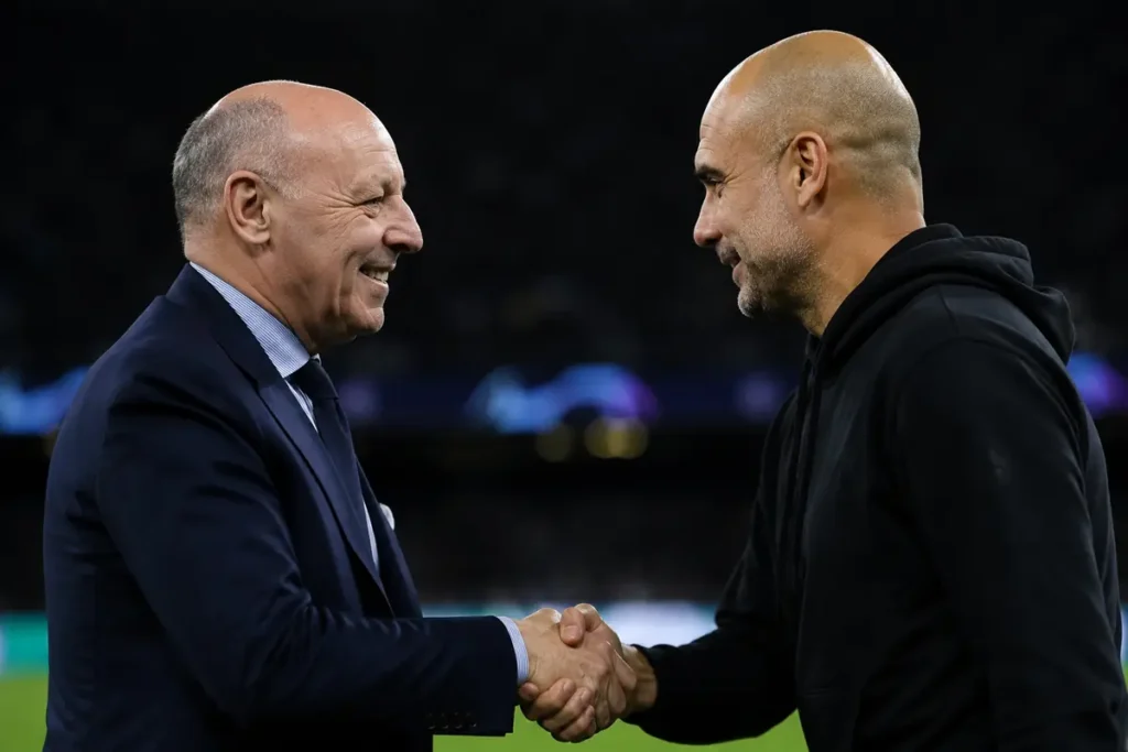 Beppe Marotta, presidente dell'Inter, e Pep Guardiola, manager del City, si stringono la mano