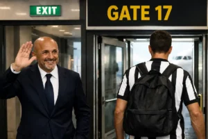 Spalletti saluta un calciatore in partenza all'aeroporto, immagine creata con intelligenza artificiale
