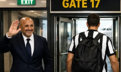 Spalletti saluta un calciatore in partenza all'aeroporto, immagine creata con intelligenza artificiale