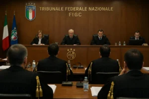 Aula del tribunale della FIGC, immagine creata con intelligenza artificiale