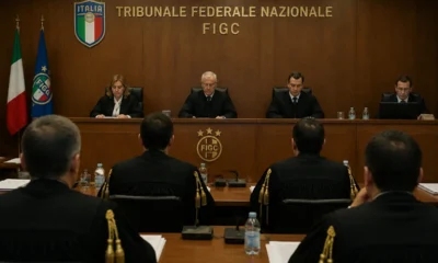 Aula del tribunale della FIGC, immagine creata con intelligenza artificiale